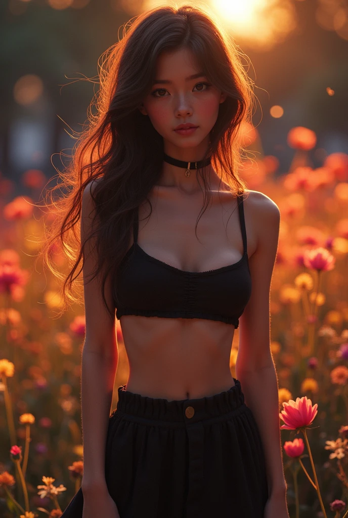 (photorealism:1.2), beautiful woman, realistic, age 18 cute glowing eyes, crop top, skirt, parted lips, blush, night, flowers, sun, sunlight, face cute innocent girl showing without clothes slim body hot look s Shirt lift showing eye blue skirt long black socks nudes full body shot naked nudes 