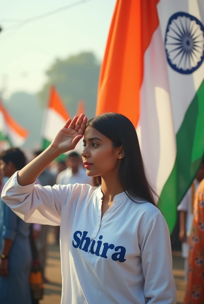 A real 20 year old Indian girl standing proudly in front of the Indian flag, both are wearinga white kurtI, gurl name "SHIFRA" print on the kurtI, both name kurti on clearly bold blue letters , She is saluting the flag, and the background features a feather atmosphere with tricolor decorations and other people celebrating Independence Day, They are looking beautiful, pretty, some feeling so happy, stylish hair, her face is same to same as a given refrence image , perfect face ,her skin ton , eyes,nose;and other body part is same as refrence image , perfect eyes,32k HDR quality images.