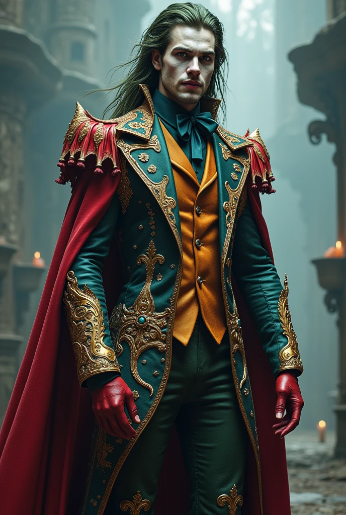 A sexy male jester with a long silky hair with a complex costume (full body from head to toe)