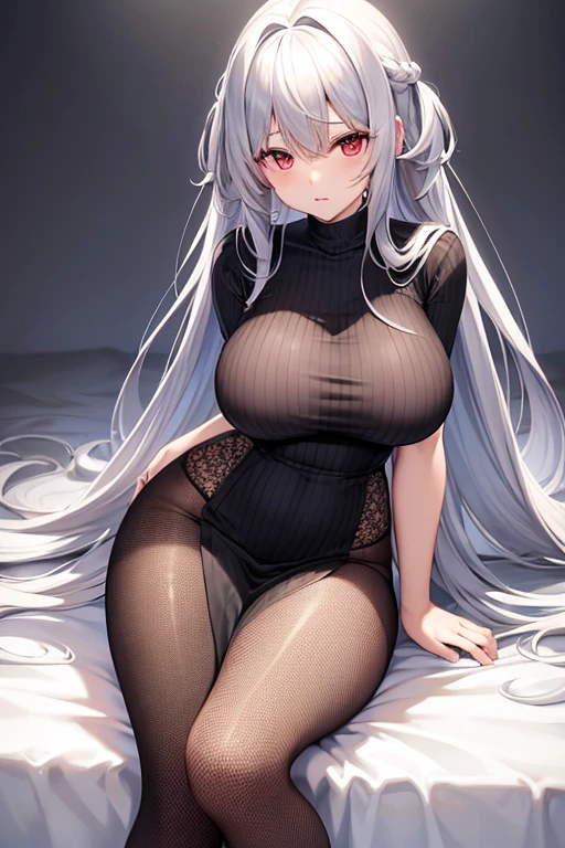 Big Breasts、long hair、Silver Hair、No sleeve、Vertical knitwear、Black fishnet stockings、Long, slender legs、Emphasize the chest、whole body、High resolution、masterpiece、Highest quality、High-resolution model