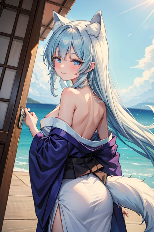 (masterpiece,best quality,ultra-detailed), an anime lady who is at 23 years old, gentle and kind, young yet mature, beautiful, caring, dearing, loving, forgiving, protective, motherly onee-chan. She has ice white side-swiped bangs, ocean blue oval eyes, arctic fox ears and tail, wearing stylish off-shouder kimono in full length, standing in a rear, butt focus, face turning and smiling at viewer in a nurturing expression