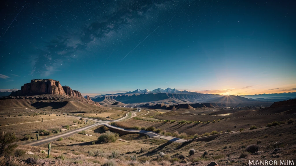 barren land with cacti against a backdrop of mountains and a night sky full of stars
