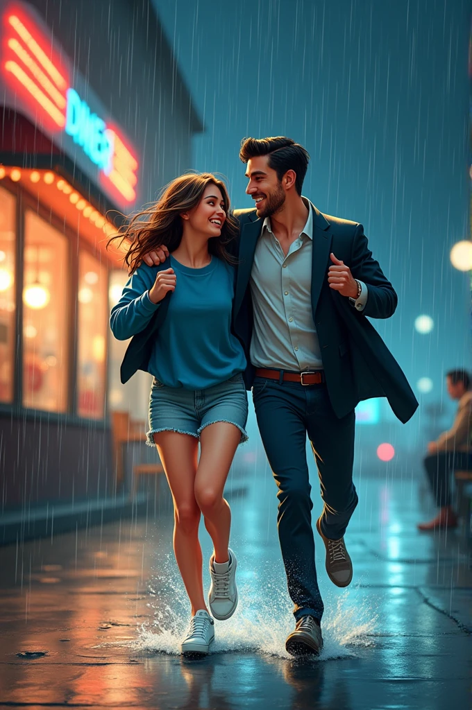An art for a book cover, One with fair skin, medium length brown hair, light wash denim skirt, blue sweatshirt and white sneakers, and a man wearing formal clothes (Suit) black haired and fair skinned, they are leaving a diner, It's raining and they are running and smiling. Ele está cobrindo ela com a parte de cima de seu Suit, so she doesn't get wet. Both are North American. It's raining heavily and they are running. It's night and they're laughing. Remember it's an animation.