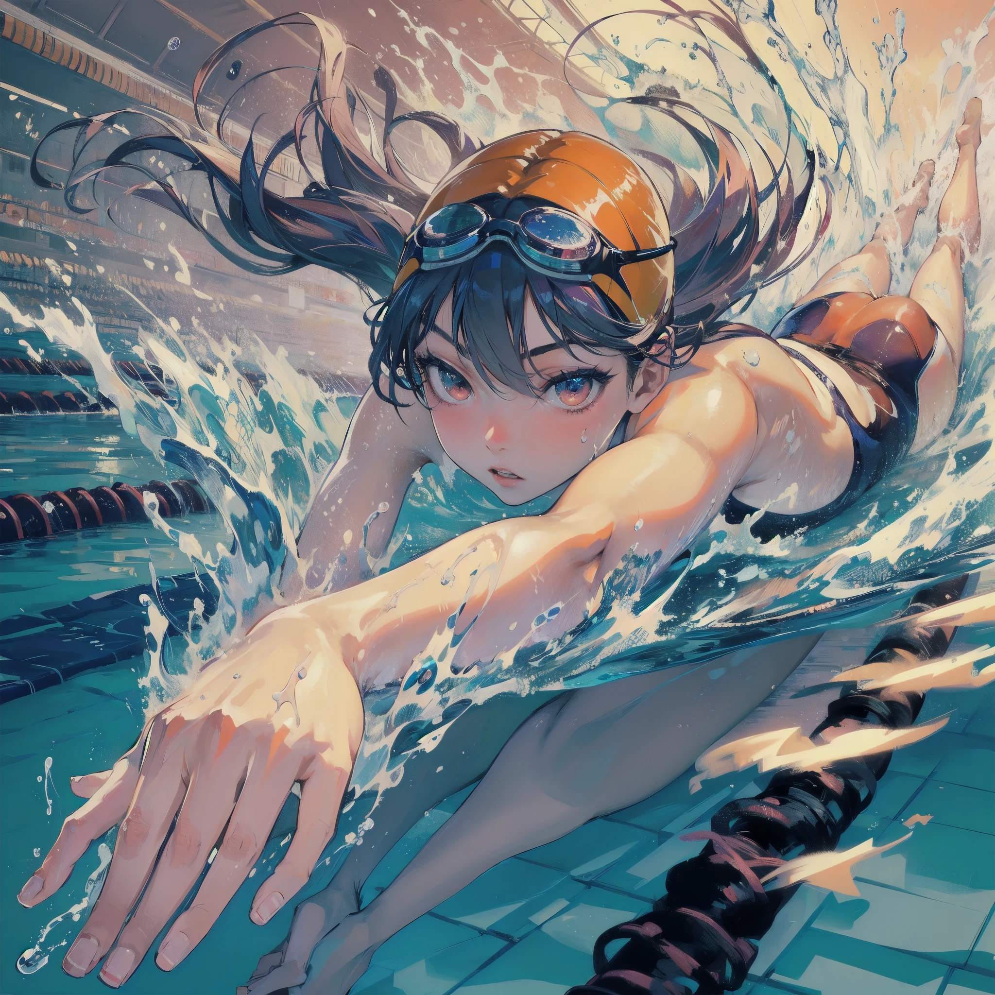  masterpiece, (textured skin), best quality, gorgeous beautiful girl, (a female swimming athlete), detailed clothes,large breasts,narrow waist,, (beautiful face), cinematic lighting, (at swimming venue ),