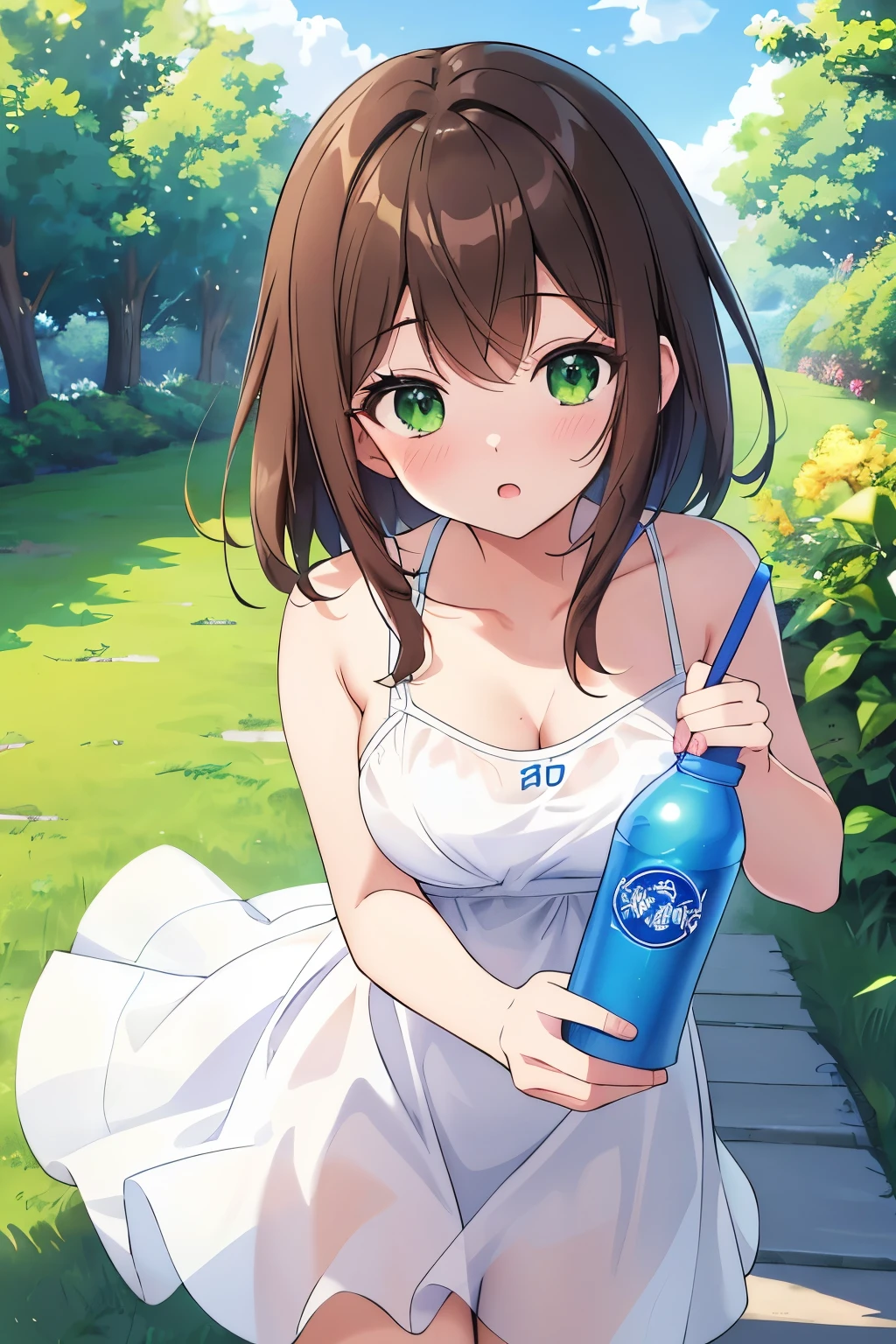 Kurosawa ruby,pink Crop top, white tight shorts,soaked in sweat,sweaty,  heavy breathing,red face,blunt hair,curvy body, standing in supermarket and holding water bottle, from behind