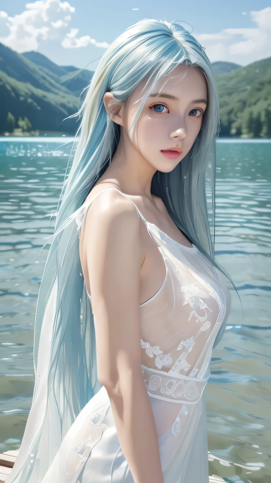 Non-NSFW、Real、(Highest quality), (masterpiece)、Ultra-high resolution、RAW Photos, (upper body)、(In the water), (In the lake:1.5), Fantasy、Looking into the camera、alone、(Undine:1.1), Beautiful Spirit、Super Beauty、Moisturized Skin、Perfect model body、Beautiful Eyes、Big eyes、Inconspicuous tear bags、slim、No bra、Beautiful fingers、Very long hair、highly saturated photos, clavicle, (mature:1.3), Splash, attractive,skinny, (sad:1.4), no_panties, Large Breasts, Nipples, (light blue hair), (Waist-length hair:1.5), Small Ass, lips, unrealistic, (white sheer long dress:1.5), (from side:1.2)