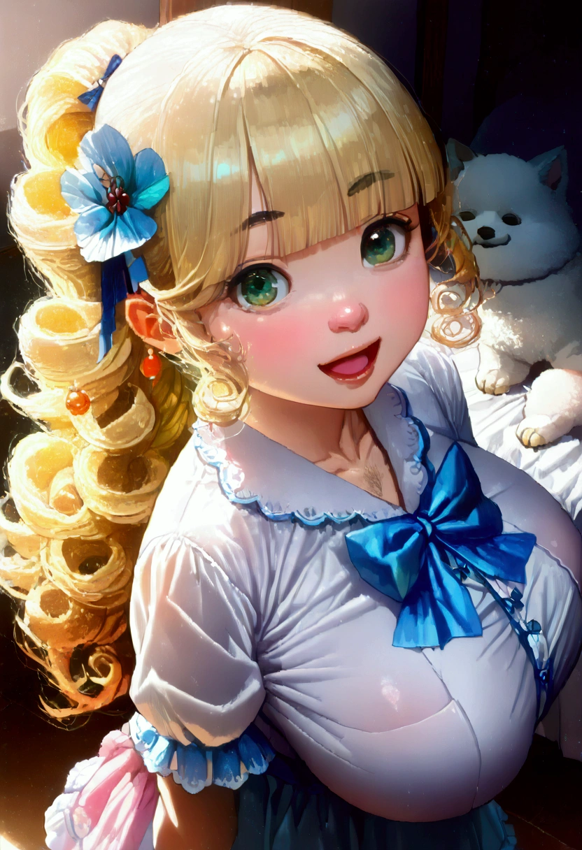 (8k, RAW photo, best quality, masterpiece, highres, absurdres, ultra detailed:1.3), (Photography, realistic, photo-realistic:1.4), (beautiful natural lighting, beautiful deatailed shadow, beautiful detailed glow :1.4), atmospheric,
BREAK, 1 beautiful girl, girl, (cute:1.5),(chibi:0.5),(cute:2.0),(Loli:2.0),( girl),(big breasts:1.65),(chin hair,blonde,blue bow,green eyes,Eyebrows visible through the hair,side lock,long hair with bangs parted, hair flower, hair ornaments, big ribbon in hair, curly hair, ponytail:1.6),:he, white feathers, one thin white wing, Ang he wings, spread,(blushed,:d:1.45) , BREAK
(pajamas, night, bedroom,: 1.35),
BREAK (holding a cute sleeping dog:1.45),
BREAK wakame,wakame,wakame,(cowboy shot,from front above:1.4) BREAK manga illustration.media,manga style,(ultra rich intricately proper sketch+pastel+airbrush+colored pencil:1.1),(ultra highres composition details:1.2), (delicate illustration), (pastelcolor style illustration:0.9), (watercolor style illustration:0.4),