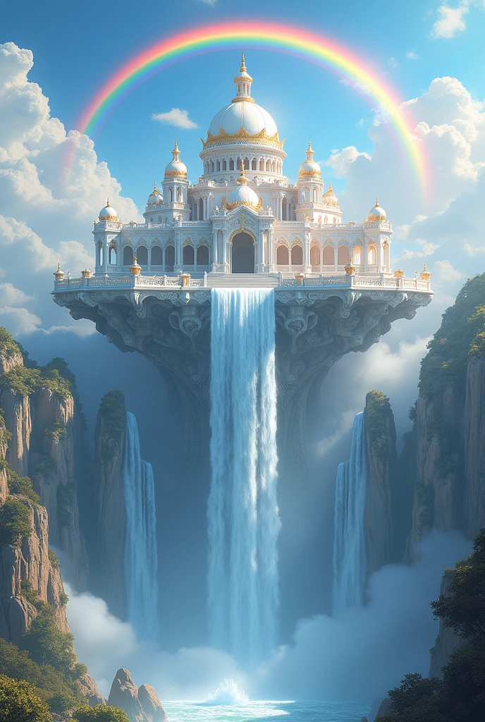 big whit Palace on the sky rounded by rambow and water came out from palace to land and light behind palace