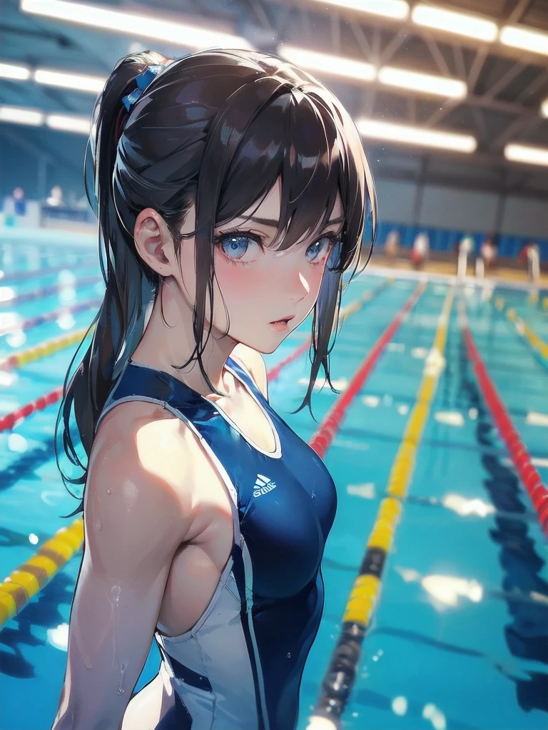  masterpiece, (textured skin), best quality, gorgeous beautiful girl, (a female swimming athlete), detailed clothes,large breasts,narrow waist,, (beautiful face), cinematic lighting, (at swimming venue ),