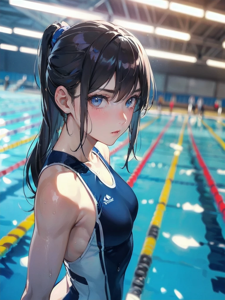  masterpiece, (textured skin), best quality, gorgeous beautiful girl, (a female swimming athlete), detailed clothes,large breasts,narrow waist,, (beautiful face), cinematic lighting, (at swimming venue ),