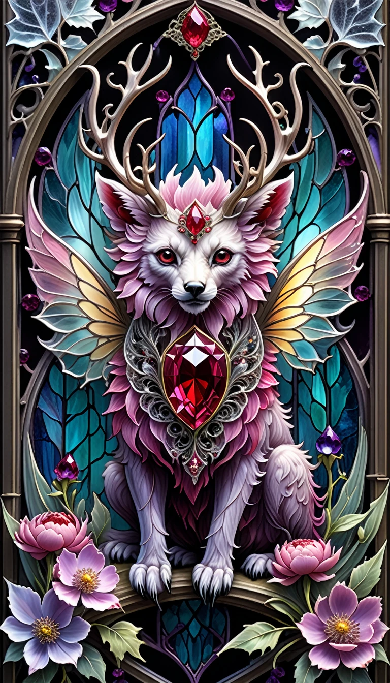 triadic colors, cinematic, official art, close fairytale transparent glass wendigo ruby peony flowers, ice hoarfrost, baroque, Craola, highly detailed stained glass wings, amethyst crystals, labradorite iridescent crystals, Andy Kehoe, John Blanche, complex highly detailed background, child book detailed illustration, fantasy, filigree, filigree detailed, intricated, cute
