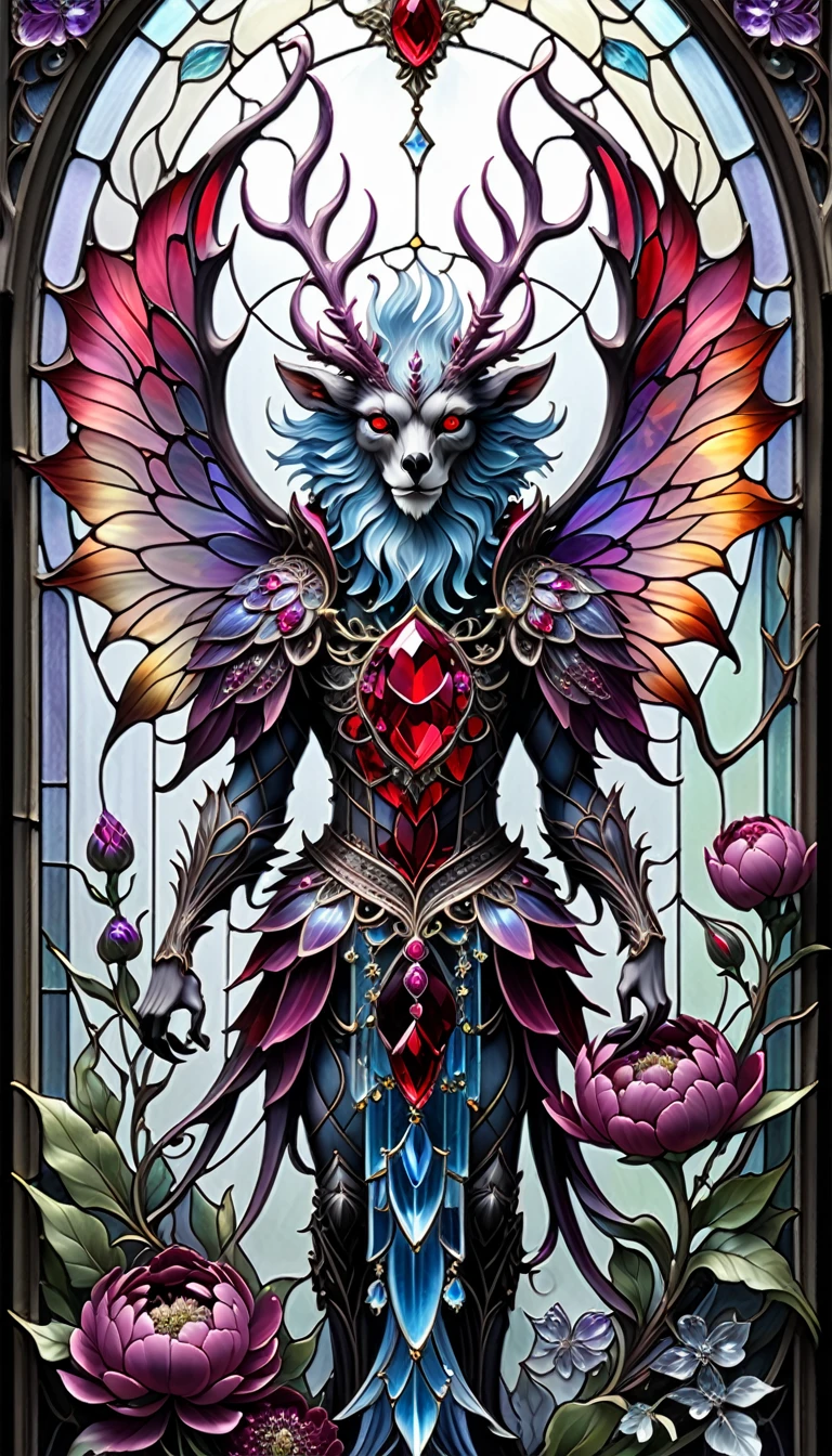 triadic colors, cinematic, official art, close fairytale transparent glass wendigo ruby peony flowers, ice hoarfrost, baroque, Craola, highly detailed stained glass wings, amethyst crystals, labradorite iridescent crystals, Andy Kehoe, John Blanche, complex highly detailed background, child book detailed illustration, fantasy, filigree, filigree detailed, intricated, cute