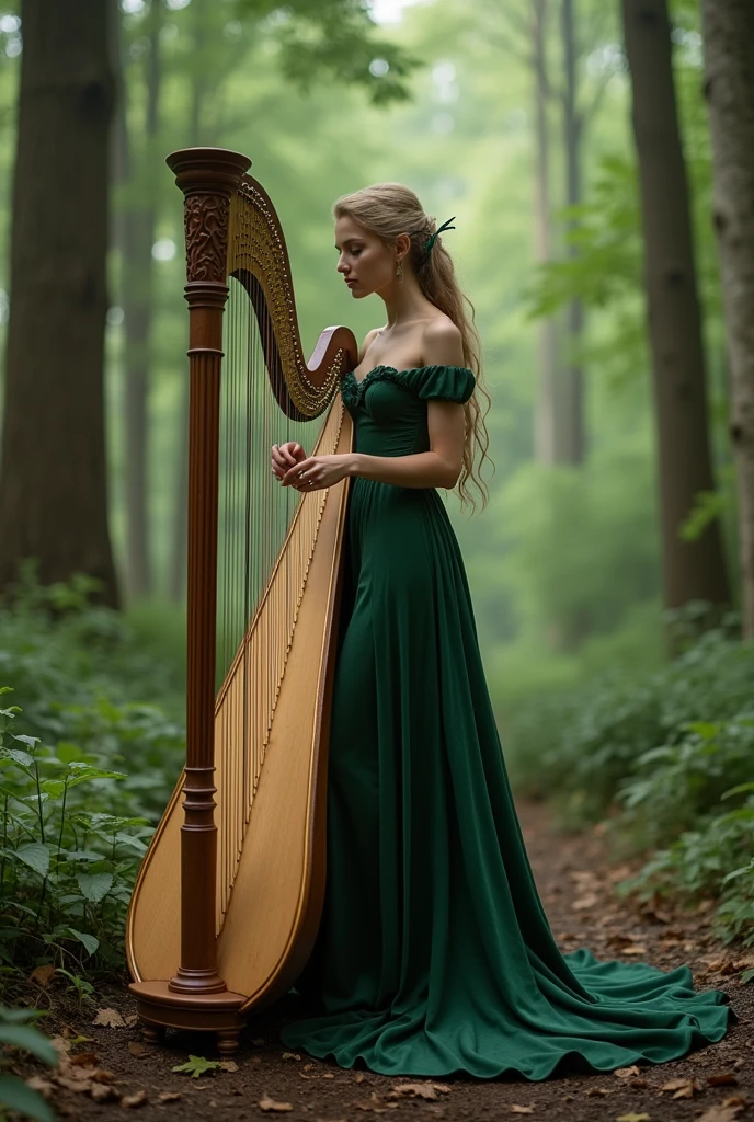 uhd, high details, best quality, woman elf, sexy, long dress, playing harp, in the forest