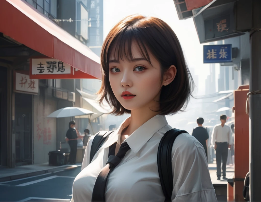 girl, Technical illustration, Distinguished Masterpiece Neo-Tokyo Girl, Realistic, Sun Rays,