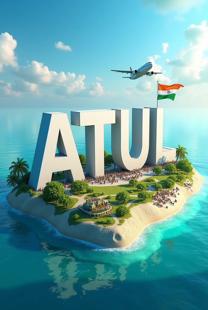 A island, big 3d name "ATUL" Indian flag, airpalne