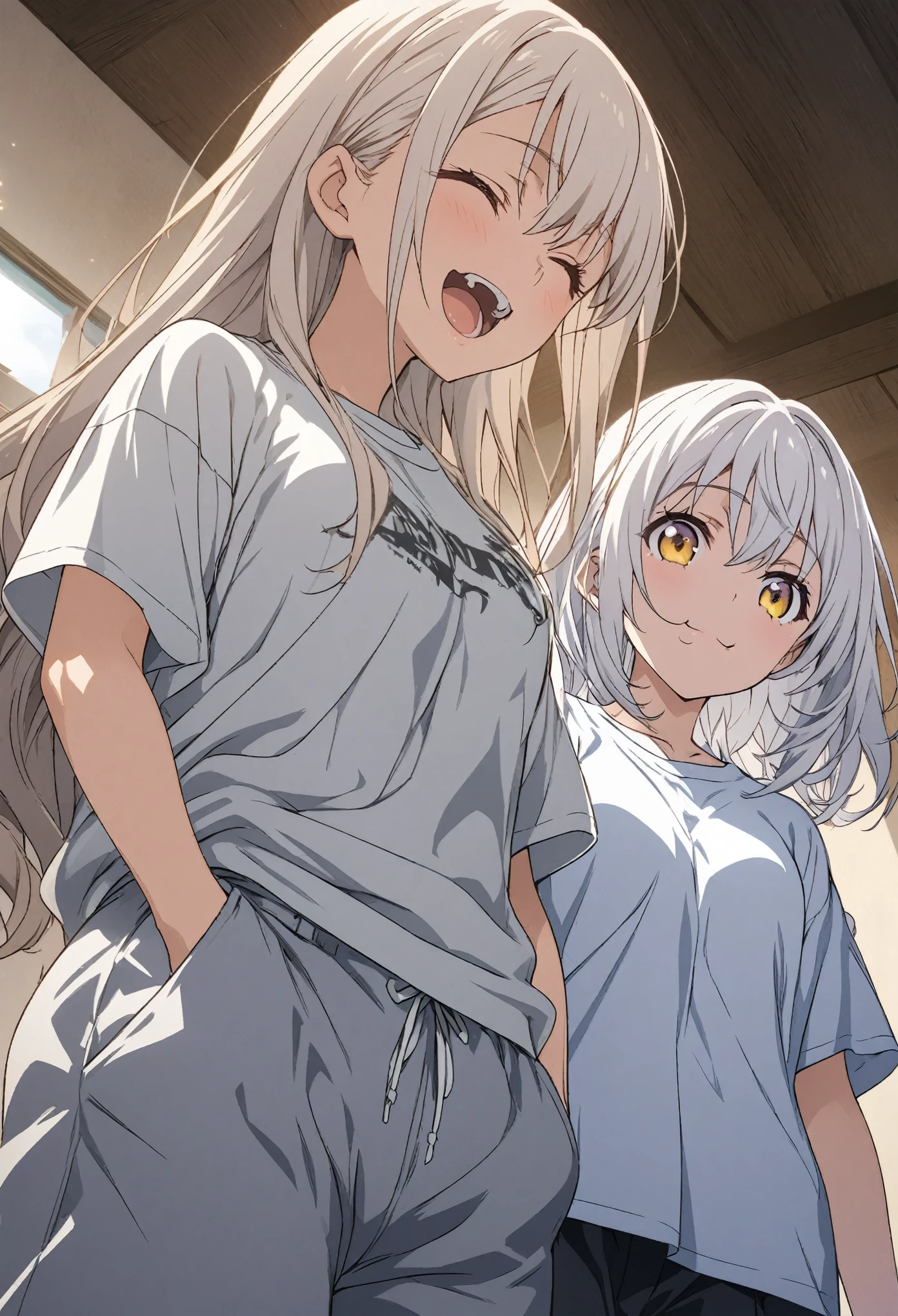 2 Females, long white hair and long gray hair, dark red eyes, medium tits, both wearing casual shirts and short shorts, hard nipples, nipples poking through clothing, defined nipples, both sitting comfortably on couch