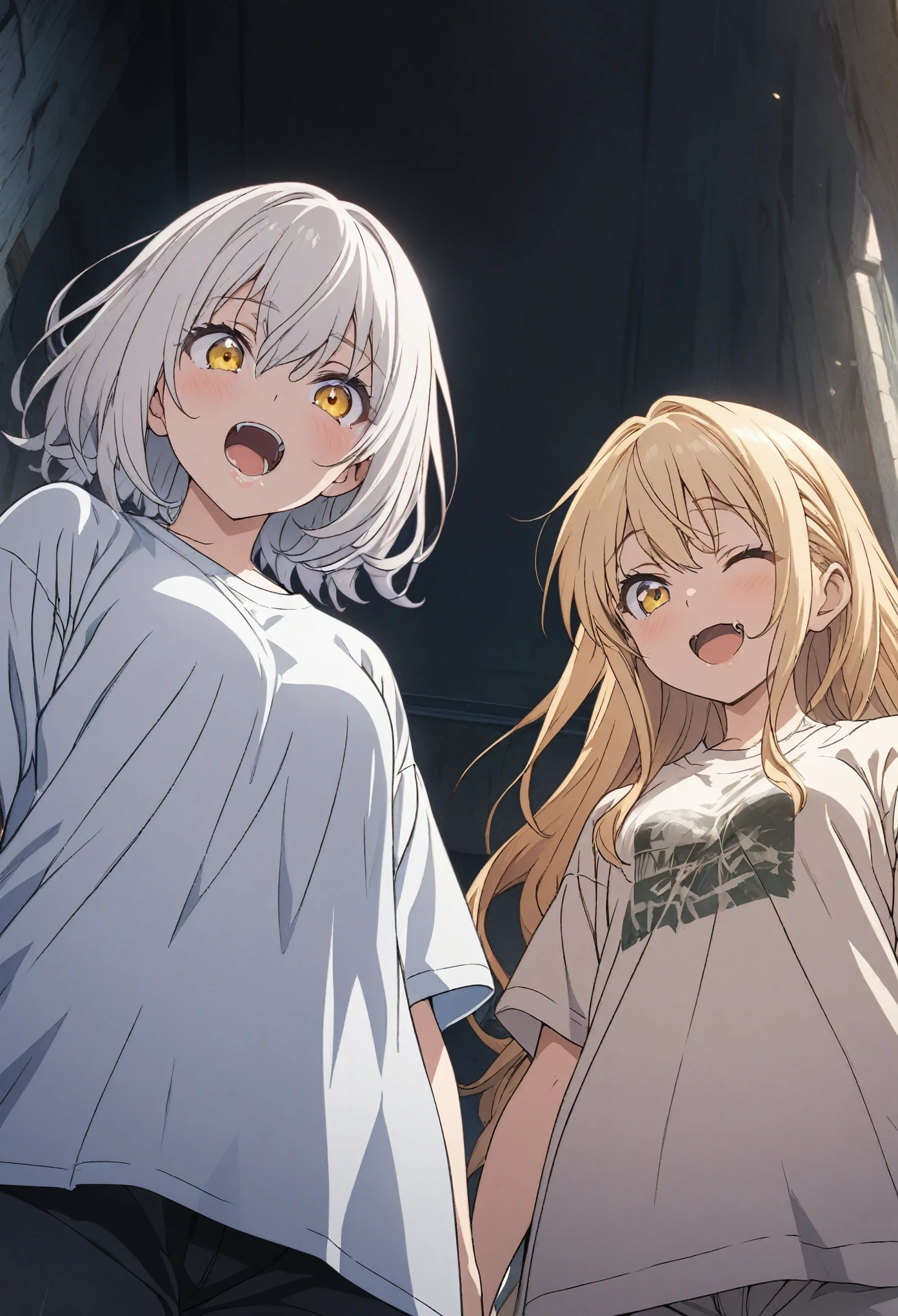 Two people, masterpiece, Highest quality, Highly detailed CG Unity 8k wallpaper, High School Girl Anime Illustration. Wear an oversized t-shirt and oversized pants、Keep your hands in your pants pockets, The background is a simple single color。white hair color, Yellow Eyes, Laugh with your eyes closed and your mouth wide open, Angle looking up from below, The girl is looking down