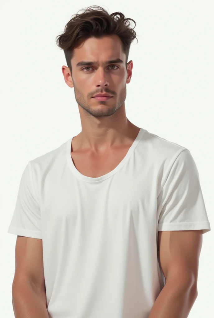 A man wearing a plain t shirt, the t shirt neck size should be widen,white background 