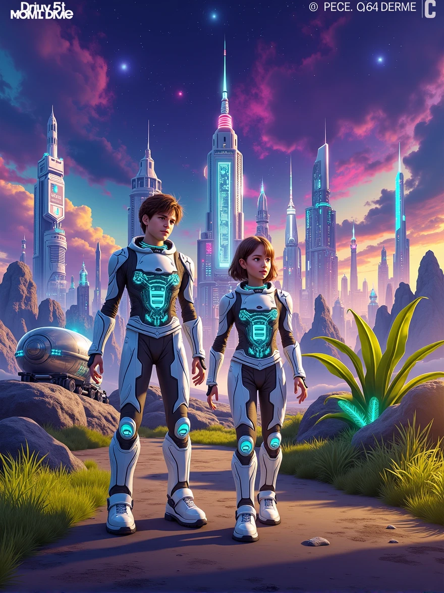 Envisioning a Cyberpunk Future,A handsome boy and a beautiful girl become brave space travelers。These young explorers are wearing high-tech suits,There is a complex circuit design inside,Glowing neon light。They stood together on an unknown alien planet,The scenery there is stunningly beautiful,Towering crystalline structures against a colorful nebula sky。The boy scans the horizon with a futuristic gadget in his hands,The girl is studying a strange plant with glowing leaves,This is the sign of this planet's bizarre biosphere。Their spaceship was parked far behind them.,It is a sleek structure made of metal and lights。