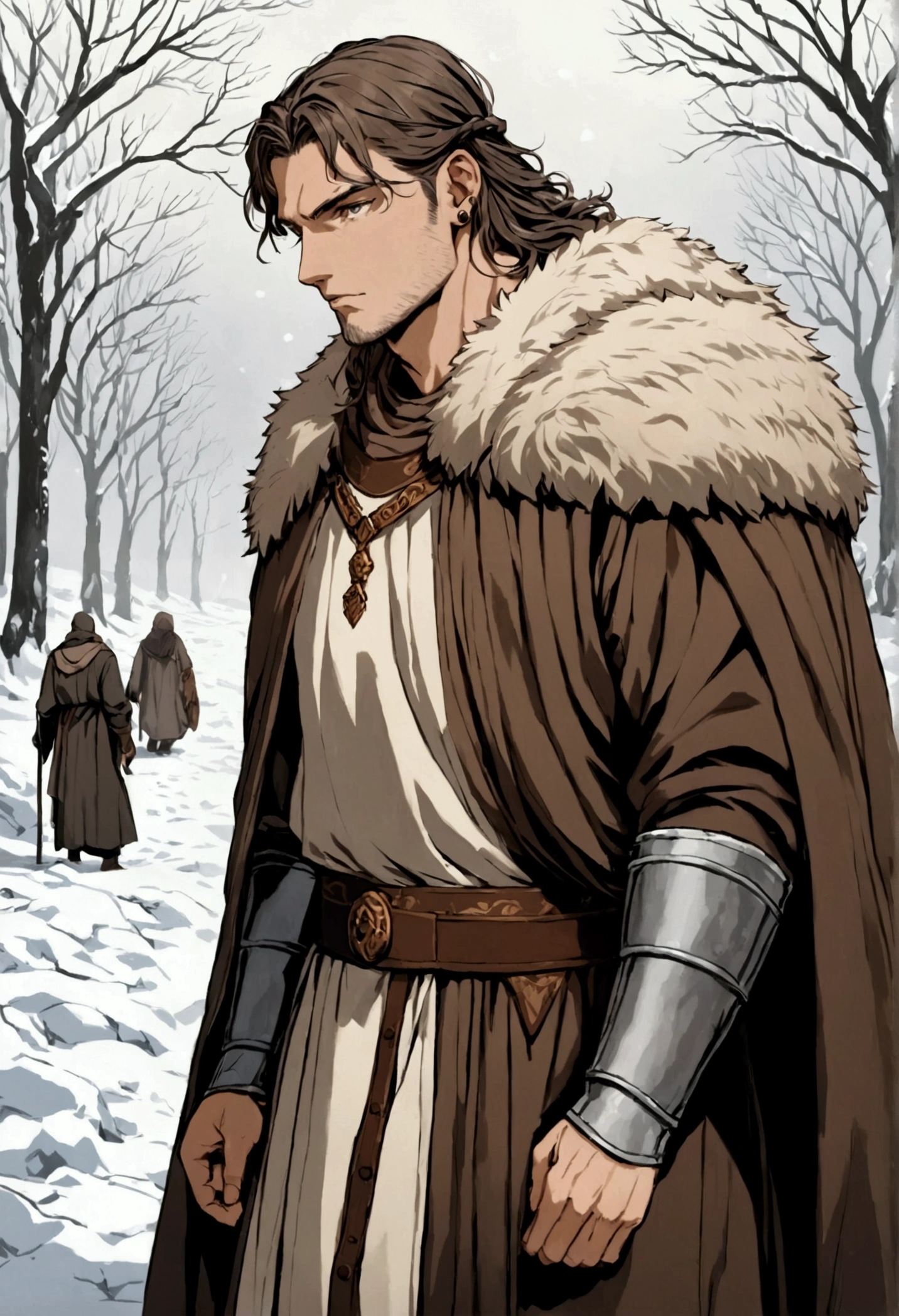 In ancient times, there was a man with an imposing presence. His hair, a delicate shade of light pinkish-beige , flowed down his shoulders, contrasting with his piercing eyes, which were of a deep olive brown . His body was strong and massive, a testament to years of battle and hard labor. Despite his advanced age, he carried himself with the vigor of a younger man. Dressed in heavy winter garments, his clothes were made to withstand the harshest of winters, providing warmth and protection against the unforgiving cold. His appearance, combined with the weight of his years, commanded respect and awe from those who encountered him.
