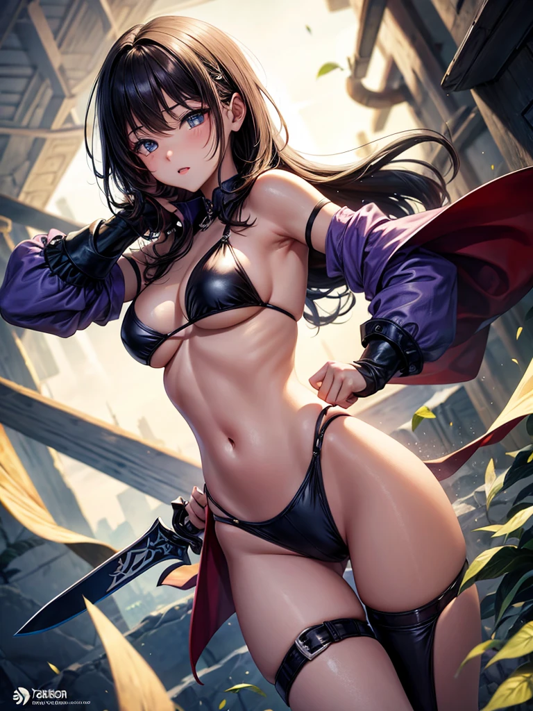 Beautiful Asian girl, 18 years old, mini bikini assassin girls, sexy lady, big breasts, camel toe, little blade in hand,