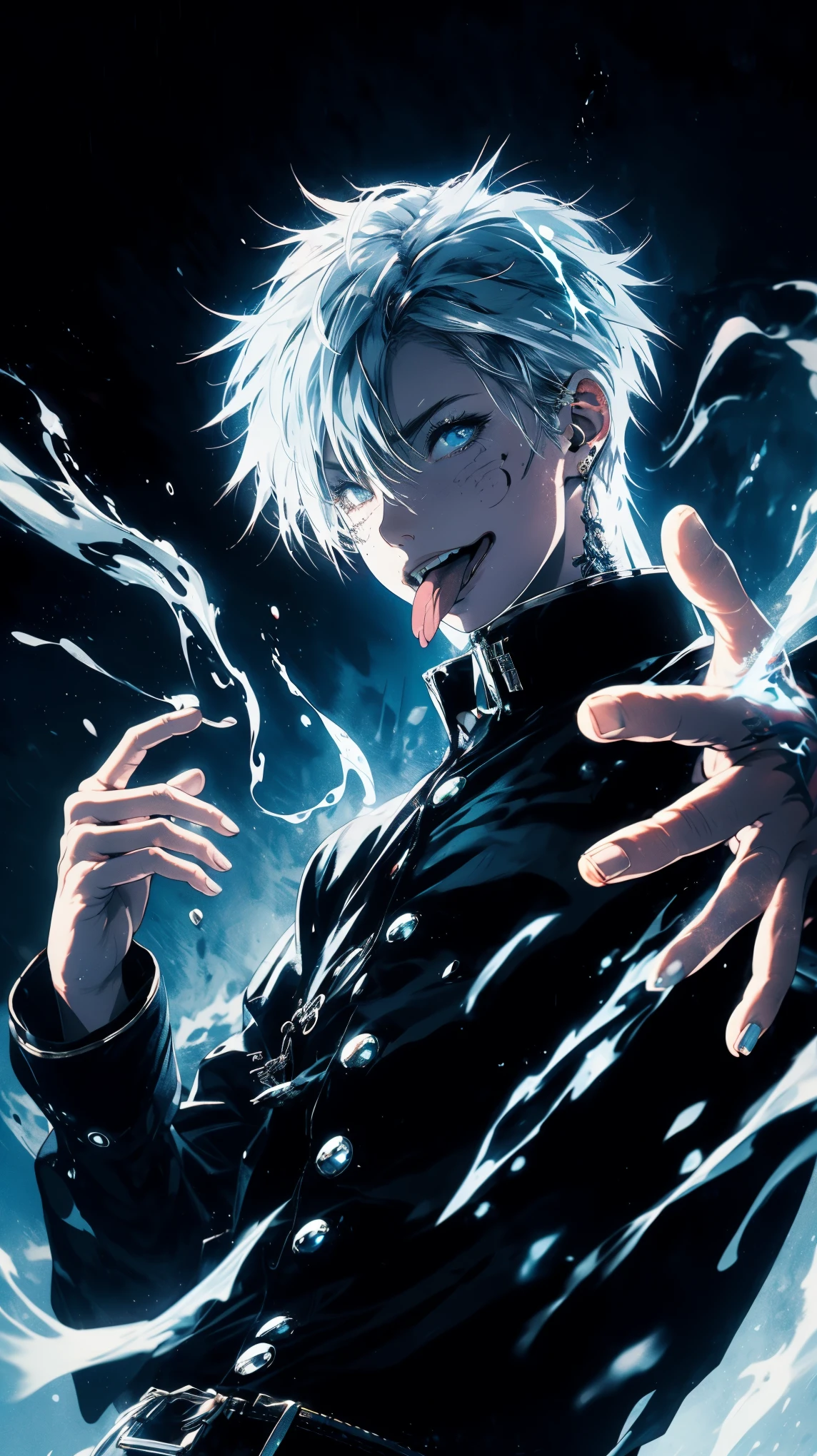 (high quality), (masterpiece), (detailed), 8K, (White-haired age boy1.4) clad in (sleek black outfit1.3) stands in (powerful action pose1.4) with (streaks of white energy1.4) surging from his hand. The (dark blue stormy sky1.3) crackles with lightning, enhancing the (gritty, intense atmosphere1.4) of the scene. (Dramatic lighting1.2) highlights the tension. (high quality), (masterpiece), (detailed), 8K, Anime style character with (cool and edgy tattoos1.3), dressed in (fashionable clothing1.2), posing confidently. Expression fierce, stylish accessory coiled around arm. Thicker outlines emphasize striking, modern fashion, vibrant palette enhances scene. ((tongue out))