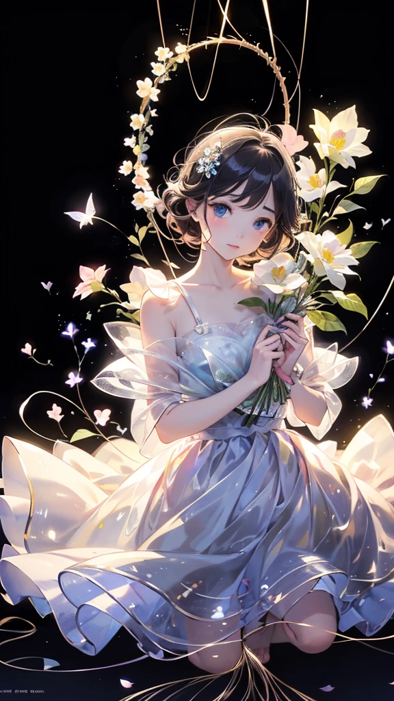 ((Masterpiece)) ((Top quality)) (One kitten is snuggled up to a wire art bouquet), a very delicate wire flower, transparent petals illuminated by backlight, creating a colorful shadow, a realistic kitten surrounded by a lot of transparent flowers, a beautiful composition, a beautiful real kitten staring straight ahead with beautiful eyes