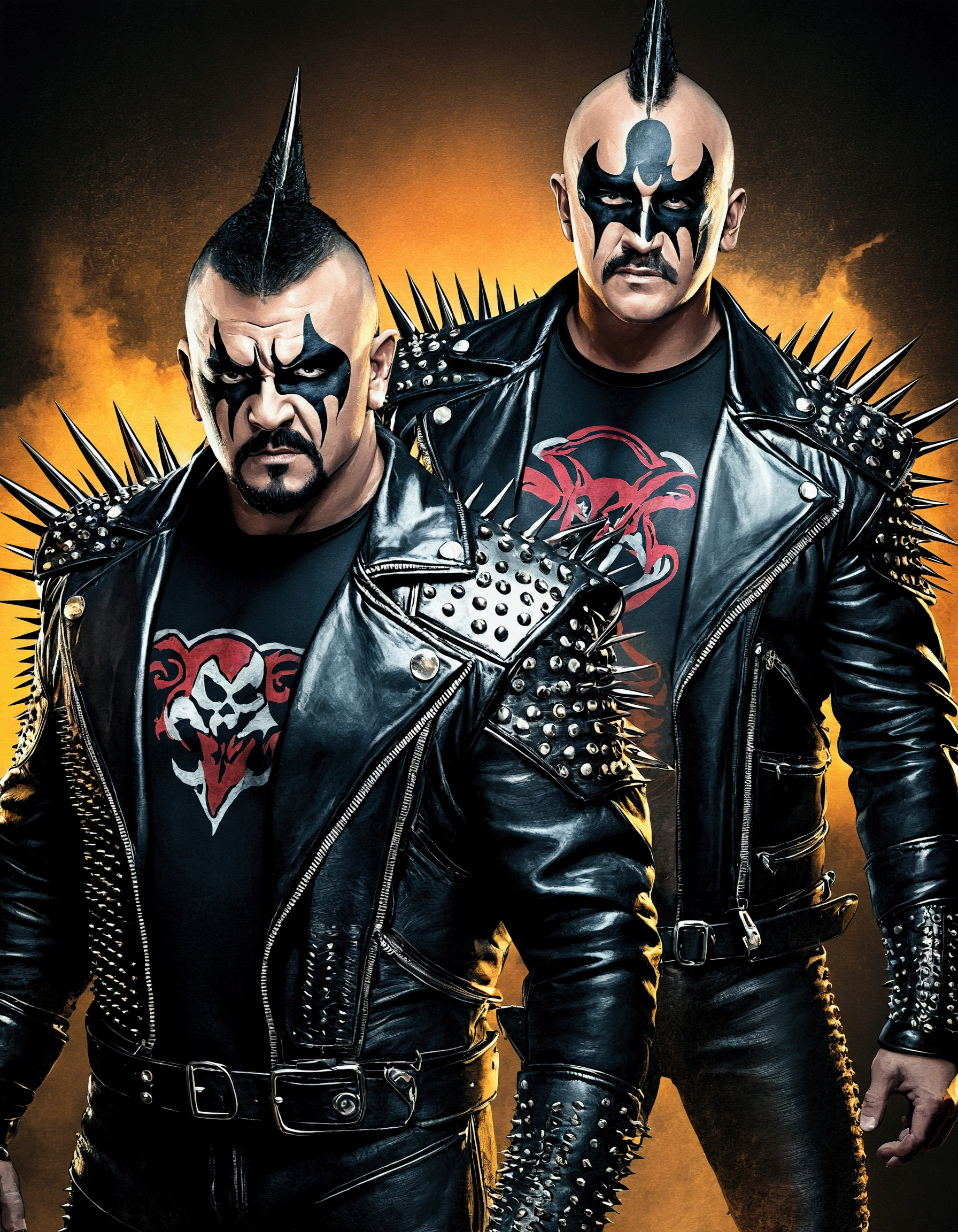 Road Warriors, professional wrestlers wearing black leather jackets with spikes on the shoulders