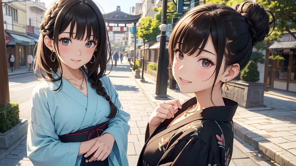Nara cityscape、Women in their teens to 40s、(stylish, Dress relaxed)Adult woman in yukata、/(Dark Brown Hair/)bangs、cheek(direction)、(masterpiece 1.2)Delicate illustrations with attention to detail、break (Ancient Capital:1.2) (The background is fresh green)、、()、blue sky、Detailed Background、whole bodyが写る、A shy smile、Through clenched teeth、Through clenched teeth、lip、cheek(Flat Color: 0.8)、(masterpiece: 1,2)、(masterpiece: 1,2)、High resolution、Ultra high definition、Highest quality、High resolution、Ultra-thin illustration、Makoto Shinkai style、Your name is style、Short Bob、necklace、Earrings、Dynamic pose、Selfie、whole body、Brown Hair、Braiding、Hair Bun、ponytail・Hair Bunスタイル、necklace、Valletta、ribbon、Earrings、マニキュアSelfie。