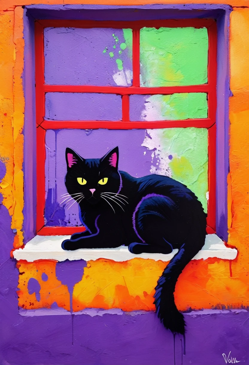 A painting：(((Colorful black，Chalk painting，Oil stick painting，volu，Thick coating，Uneven texture，Plaster texture，Graffiti)))。Colorful black，A cat on the windowsill, Bright colors cat, Purple and, cute, Bright colors，cute, Lavender Color and Color Schemes, and Purple color scheme,  Beautiful Art,  Purple, Whimsical Art, and Purple, lime and violet, Close together,, spring, Inspired by Tomokazu Matsuyama, Delightful