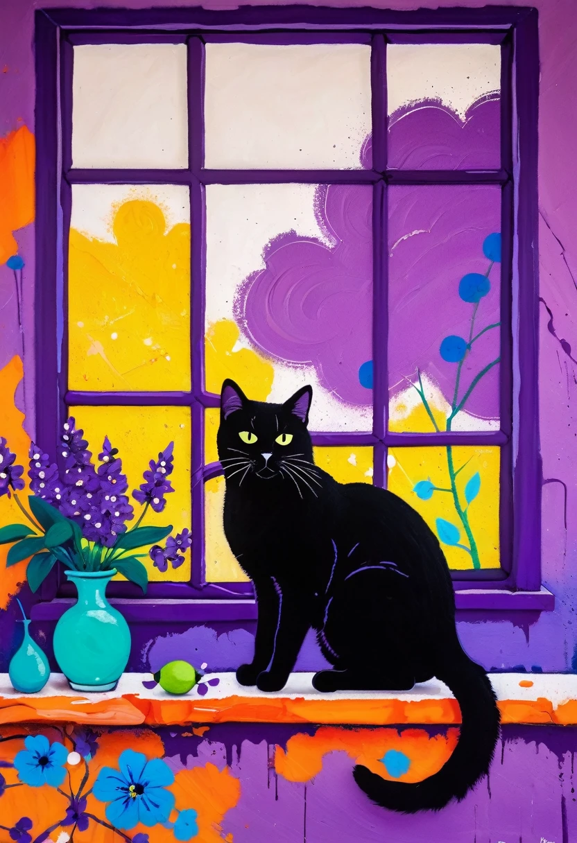 A painting：(((Colorful black，Chalk painting，Oil stick painting，volu，Thick coating，Uneven texture，Plaster texture，Graffiti)))。Colorful black，A cat on the windowsill, Bright colors cat, Purple and, cute, Bright colors，cute, Lavender Color and Color Schemes, and Purple color scheme,  Beautiful Art,  Purple, Whimsical Art, and Purple, lime and violet, Close together,, spring, Inspired by Tomokazu Matsuyama, Delightful