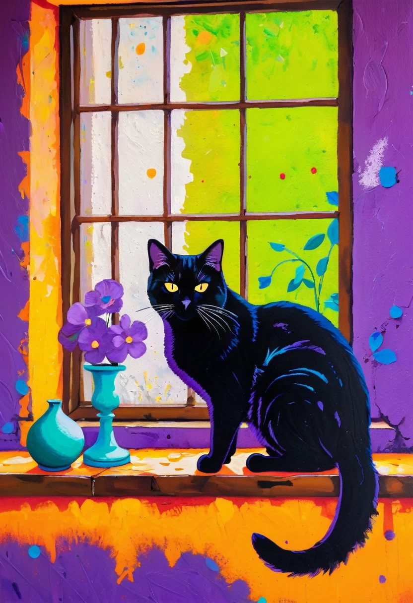 A painting：(((Colorful black，Chalk painting，Oil stick painting，volu，Thick coating，Uneven texture，Plaster texture，Graffiti)))。Colorful black，A cat on the windowsill, Bright colors cat, Purple and, cute, Bright colors，cute, Lavender Color and Color Schemes, and Purple color scheme,  Beautiful Art,  Purple, Whimsical Art, and Purple, lime and violet, Close together,, spring, Inspired by Tomokazu Matsuyama, Delightful