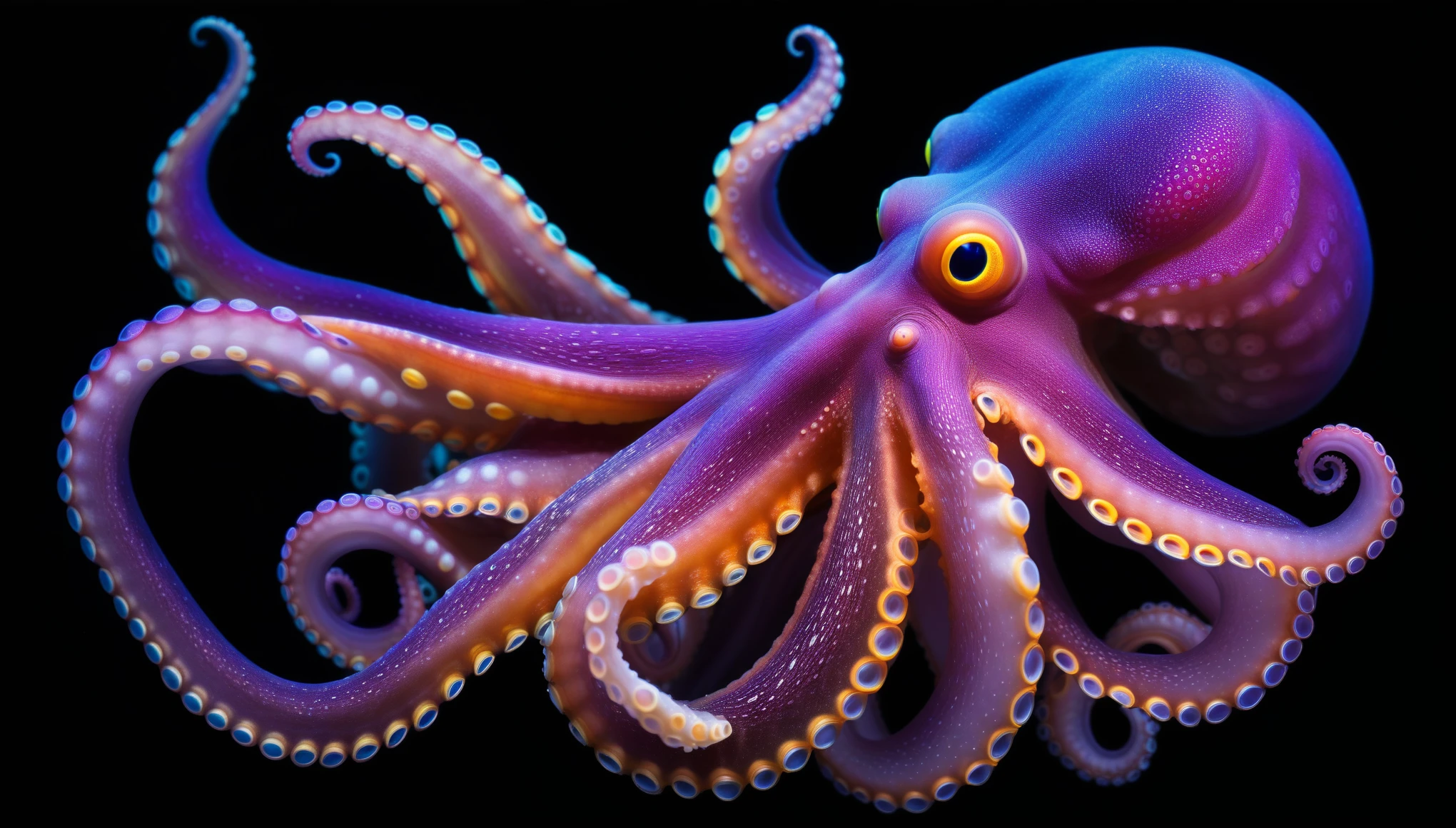 a beautiful colorful cephalopod in the deep ocean with black background