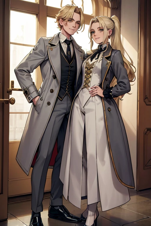 male, blonde long hair in ponytail, gold eyes, (((1boy))), (((grey Victorian coat))), (white dress shirt), (green pants), (black dress shoes), (red tie), handsome, long legs, smiling