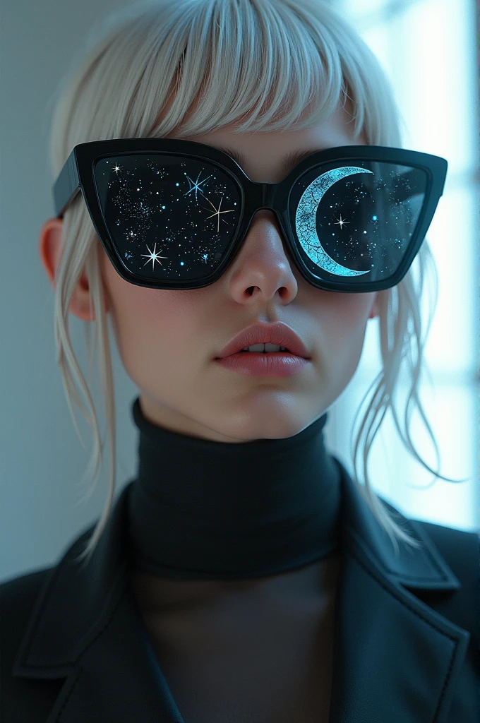 The model is wearing glass sunglasses with stars and the moon on the glass