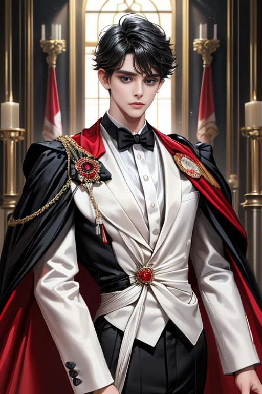 
masterpiece, 最high quality, high quality, 1 boy, alone, Male focus, Watching the audience,  Messy black hair, Adorable big blue eyes, White, Noble, Noble,A black and red cape that is bursting with sexy volume、Tuxedo、A very voluminous, large, very large, very large, long, long red and black cape with a high stand-up collar, made of a lot of fabric that reaches down to the floor., ,Cute beautiful boys,Cute, cute, kind, handsome guy