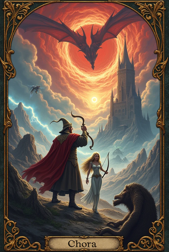 A card, intricate detailed Tarot illustration, Tarot, Tarot "The word", Card title text "twenty-one", Card footer text "world", Text font style medieval, In a vast expanse of red clouds,A huge three-headed dragon hovers in the storm clouds,The flapping of its wings creates waves of heat。In the background is an old wizard's castle that is crumbling.,The castle's stone tower is entwined with green vines,As if trying to maintain the last bit of life。Lightning and thunder in the sky,A flash of lightning split the sky,Illuminating the battlefield on the ground。
On the battlefield,Thousands of warriors in shining armor,Holding a variety of radiant magic weapons,Fighting a huge army of dark creatures。These creatures are of various shapes and forms,Some are like wolves,Some walk upright like humans.,But all covered with shocking black fog。
In the center of the battlefield,A magnificent wizard king holds an ancient wand inlaid with brilliant gems,It is using it to summon a powerful storm to push back the enemy.。Beside the Wizard King,was his loyal protector and advisor—a tall,Female elf wearing a gorgeous cloak,She is shooting silver arrows from her bow,Pierce the dark creatures that come to invade。
In this various forces,Another team consists of mysterious walkers、An alliance of dwarven craftsmen and flying elves,They are carrying a mysterious magic box and slowly advancing towards the center of the battlefield.。This box is said to contain the power of salvation,Can end this war that has lasted for a thousand years。
Every corner of the screen is filled with fierce fighting scenes,Mysterious magical elements and an epic storyline,It forms a dreamy and spectacular magical epic scene.。, Floating in the air, ((Infinity symbol background)), Infinity symbol, Ouroboros symbol, Movie Lighting, Dramatic shadows, Bright colors, Rich color palette, surreal Tarot, Mysterious landscape, Sparkling details, Gorgeous pattern