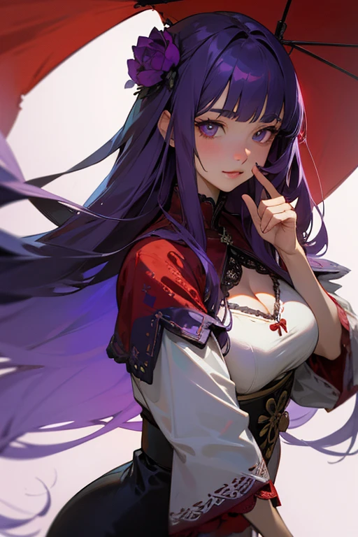 Face close-up、1 person, Blunt bangs, Wide sleeves, hair ornaments,Red and navy lace、(Purple Hair:1.2), Very long hair, Straight hair, Looking at the audience, Highly detailed background, (Realistic:1.2), Beautiful Eyes, Red eyeshadow, Written boundary depth,thigh, (Urzan-6500:0.7), Upper Body, (alone:1.2), Cleavage, Glowing Skin、Hair blowing in the wind、Four fingers, One thumb、Rose、Floral pattern on clothes、Keep your hands on your hips、Face close-up、close、Stick your butt out、Laugh gently、