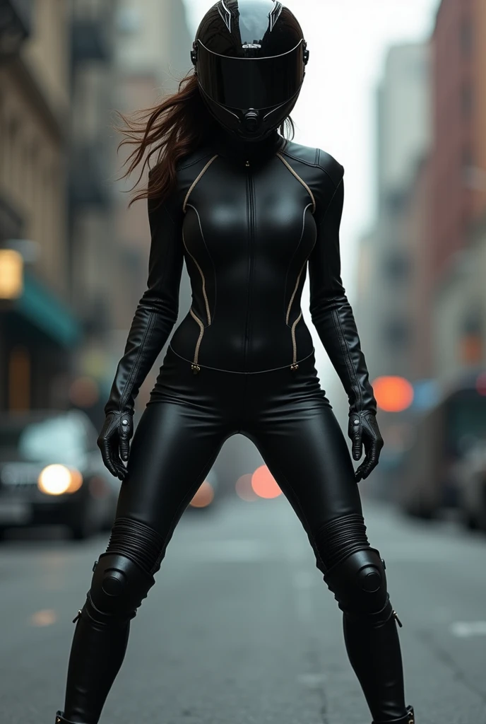 Woman motorcycle rider wearing black suits and black helmet spread his legs