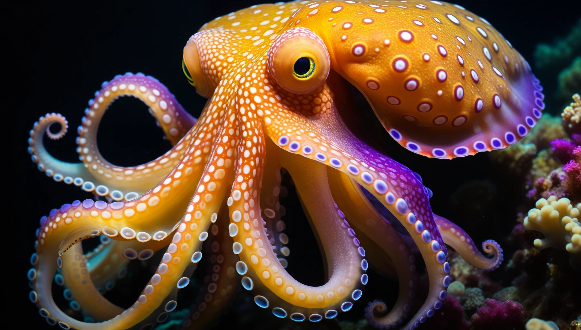 a beautiful colorful cephalopod in the deep ocean with black background