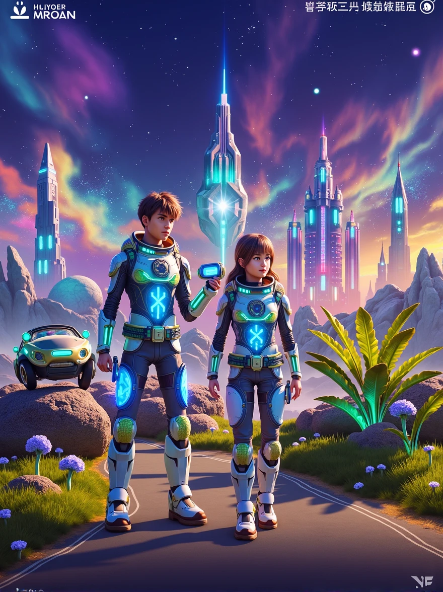 Envisioning a Cyberpunk Future,A handsome boy and a beautiful girl become brave space travelers。These young explorers are wearing high-tech suits,There is a complex circuit design inside,Glowing neon light。They stood together on an unknown alien planet,The scenery there is stunningly beautiful,Towering crystalline structures against a colorful nebula sky。The boy scans the horizon with a futuristic gadget in his hands,The girl is studying a strange plant with glowing leaves,This is the sign of this planet's bizarre biosphere。Their spaceship was parked far behind them.,It is a sleek structure made of metal and lights。