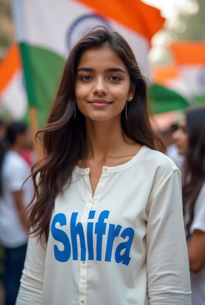 A real 20 year old Indian girl standing proudly in front of the Indian flag, both are wearinga white kurtI, gurl name "SHIFRA" print on the kurtI, both name kurti on clearly bold blue letters , She is saluting the flag, and the background features a feather atmosphere with tricolor decorations and other people celebrating Independence Day, They are looking beautiful, pretty, some feeling so happy, stylish hair, her face is same to same as a given refrence image , perfect face ,her skin ton , eyes,nose;and other body part is same as refrence image , perfect eyes,32k HDR quality images.closeup,skinton is light 