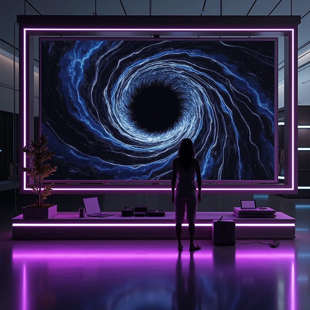 a presentation screen with a black hole displayed only. in a futuristic room.
