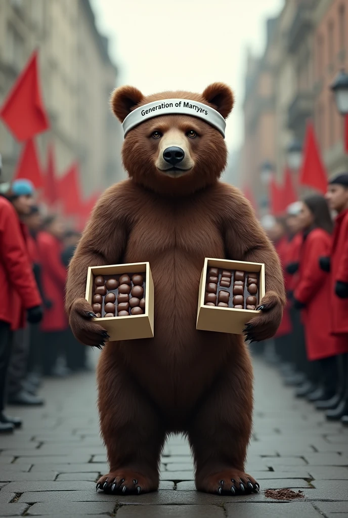 bear holding a box of chocolates in his right hand and a box of lead in his left hand he is on a busy street with people wearing red he has a white headband written "Generation of Martyrs"