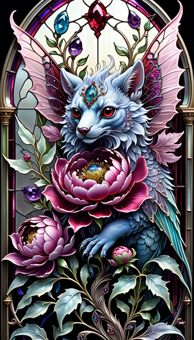 triadic colors, cinematic, official art, close fairytale transparent glass chupacabra ruby peony flowers, ice hoarfrost, baroque, Craola, highly detailed stained glass wings, amethyst crystals, labradorite iridescent crystals, Andy Kehoe, John Blanche, complex highly detailed background, child book detailed illustration, fantasy, filigree, filigree detailed, intricated, cute