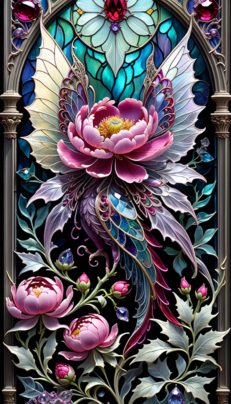 triadic colors, cinematic, official art, close fairytale transparent glass chupacabra ruby peony flowers, ice hoarfrost, baroque, Craola, highly detailed stained glass wings, amethyst crystals, labradorite iridescent crystals, Andy Kehoe, John Blanche, complex highly detailed background, child book detailed illustration, fantasy, filigree, filigree detailed, intricated, cute