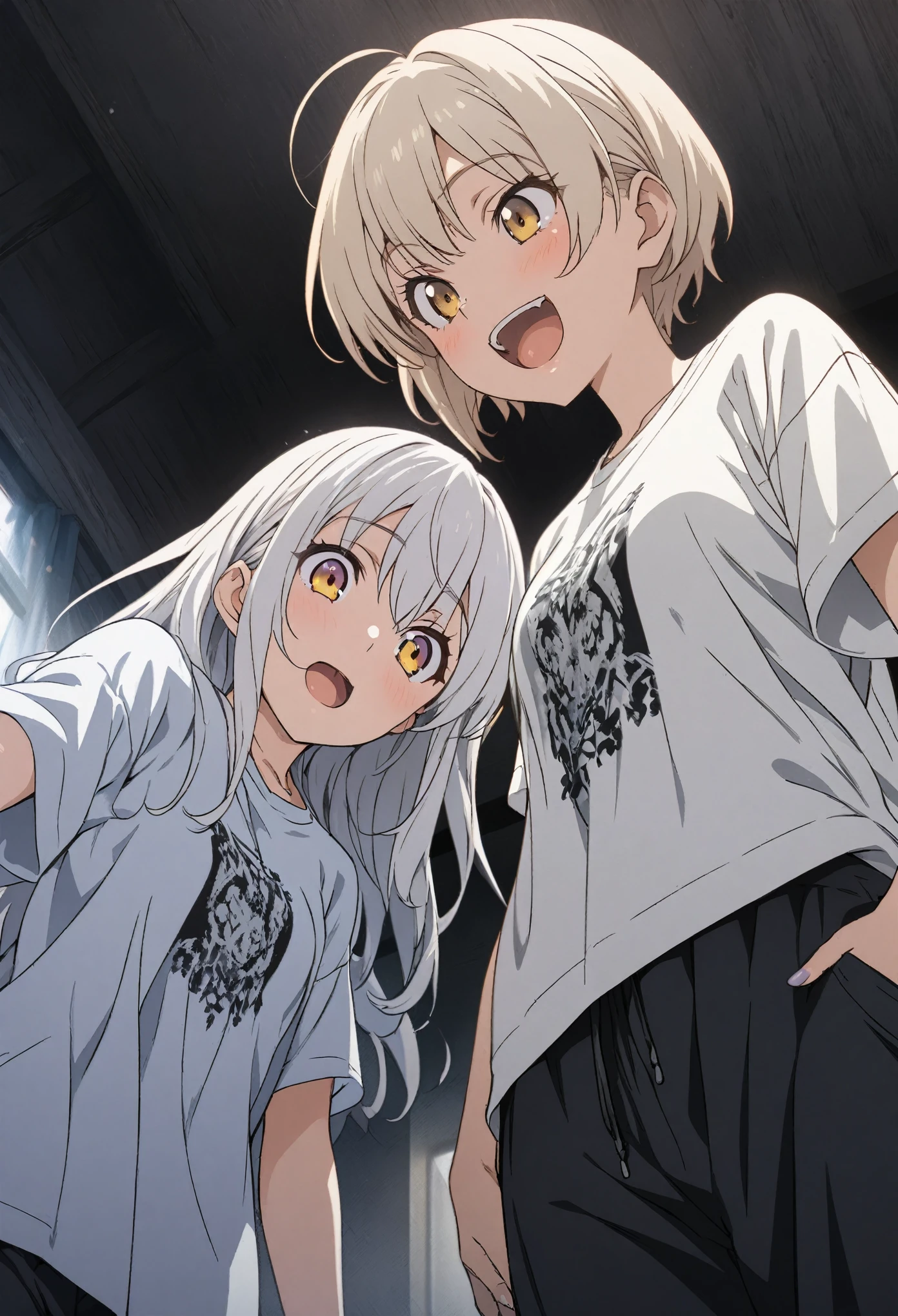 Two people, masterpiece, Highest quality, Highly detailed CG Unity 8k wallpaper, High School Girl Anime Illustration. Wear an oversized t-shirt and oversized pants、Keep your hands in your pants pockets, The background is a simple single color。white hair color, Yellow Eyes, Laugh with your eyes closed and your mouth wide open, Angle looking up from below, The girl is looking down