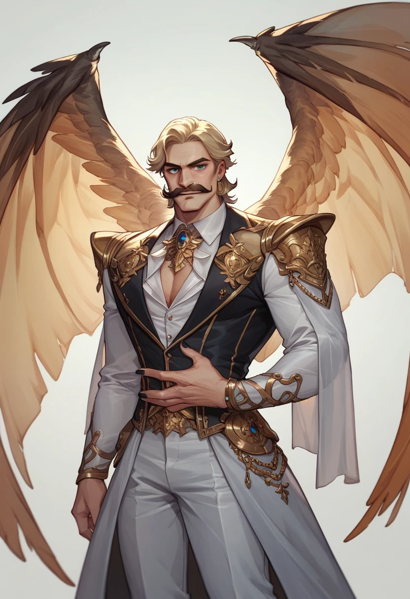 Polish hussar, elegant armor, two sabres in both hands, he has wings, with emblem of Polish-lithuanian Commonwealth on his chest, he has thick moustache, 