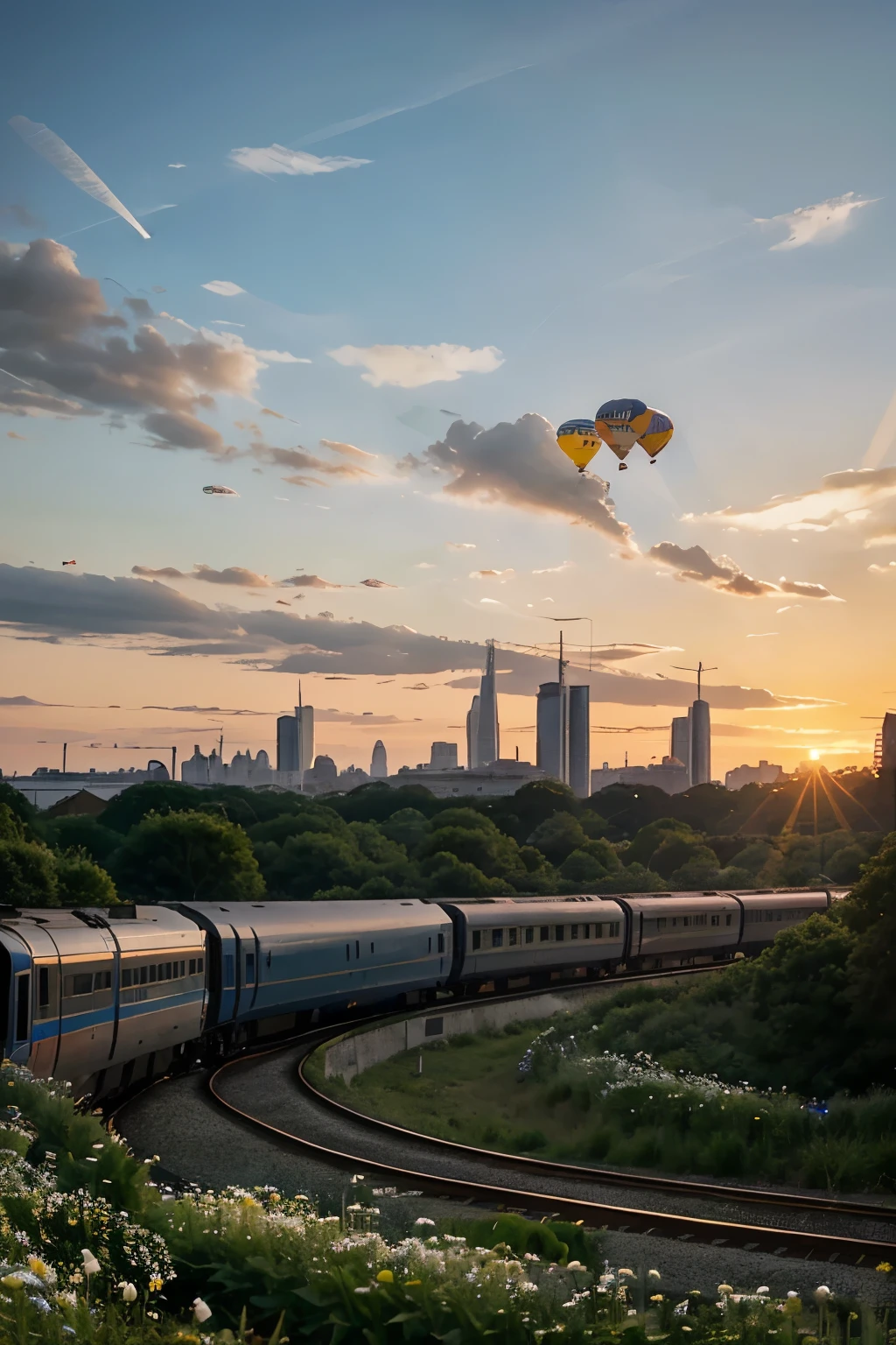 Futuristic various buildings stretch into the distance. There is an ancient balloon in the sky. Evening light with a sunset sky. Bushes, daisies, lilies, lilies of the valley and cornflowers grow on the ground. Railway with train along the builds.