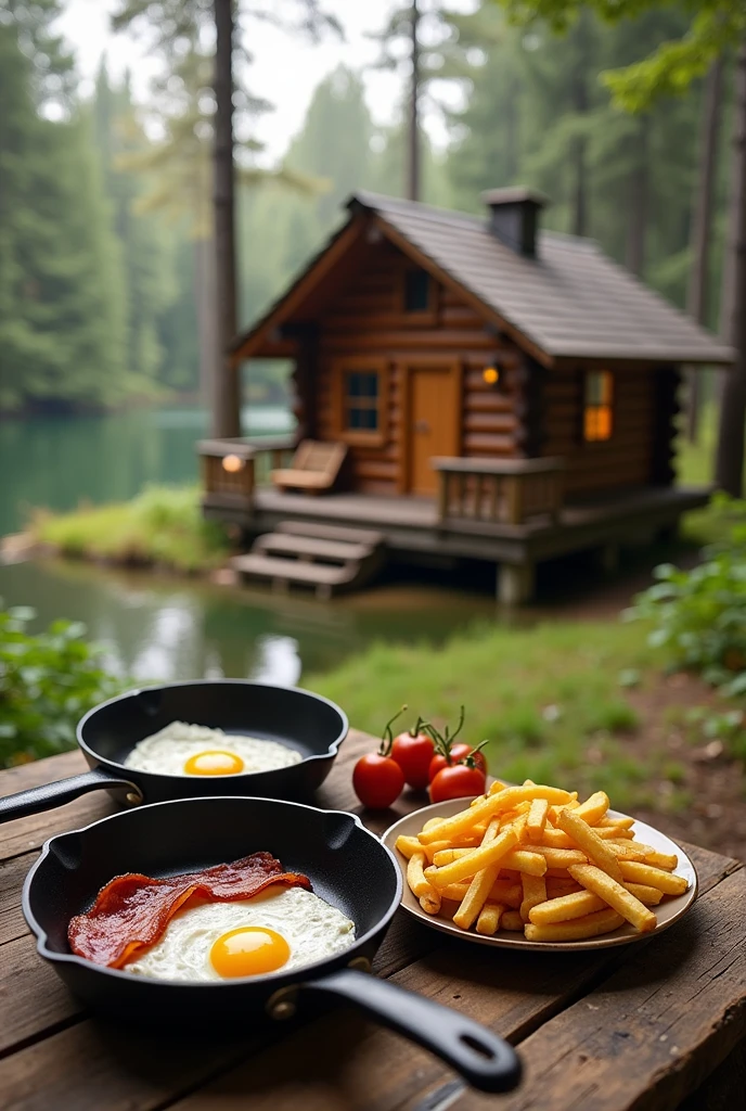 The image shows a wooden cabin in the woods with a table in front of it. On the table, there are two frying pans with food items, one with a fried egg and the other with bacon. There is also a plate of french fries on the table. The cabin is made of logs and has a sloping roof and a chimney. The background is filled with trees and there is a body of water visible in the distance. The overall mood of the image is peaceful and serene.